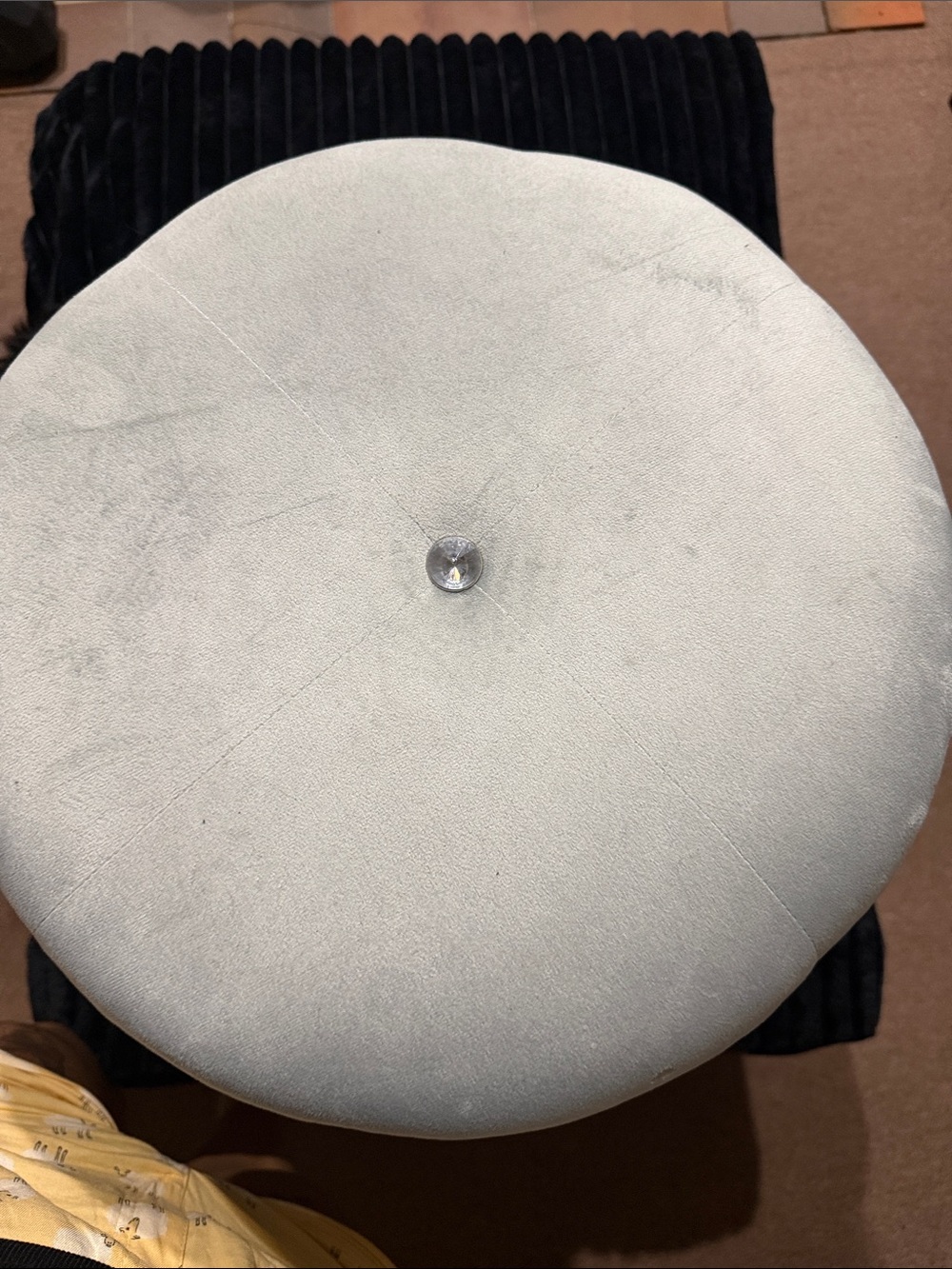 Crystal-Button Round Accent Stool Cover in Light Cream
